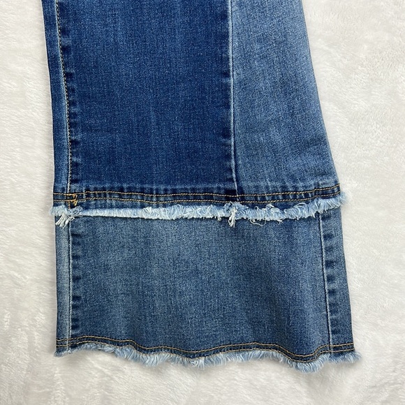 Two Tone Flare BellBottom Patchwork Frayed Hem High Rise Jeans Stretch Denim - Picture 8 of 14